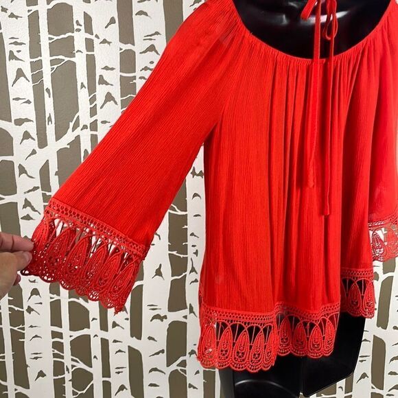 Cato Bright Orange Gauze Embroidered Lace Trim Tie Neck Top S - Picture 5 of 9